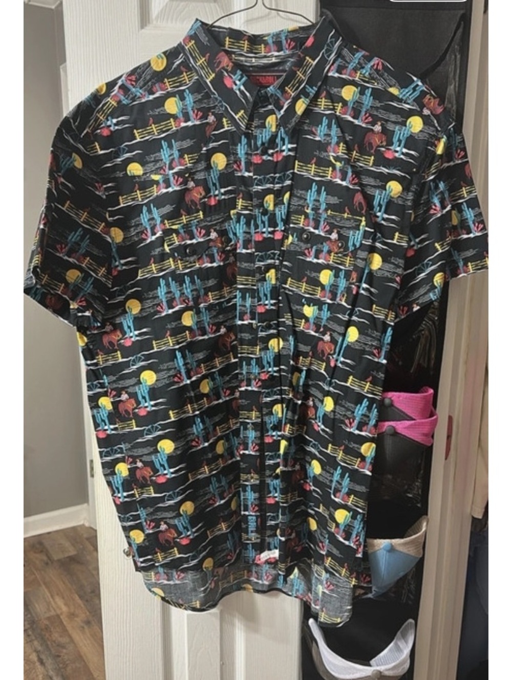 Men's Rock and Roll Denim Short Sleeve Button Up Shirt with Desert Print